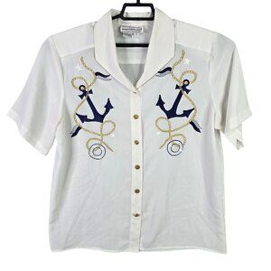 Womens Westbound Nautical White Shirt Anchor & Rope Embroidery Button Up Size 12